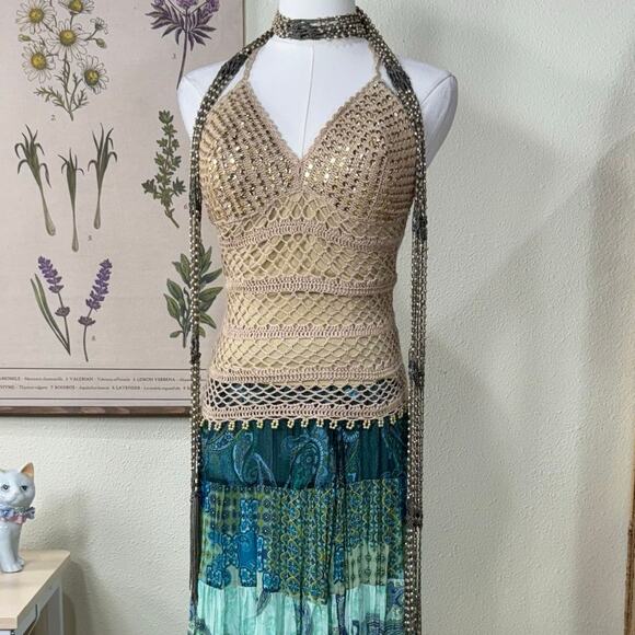 Y2k Tan Crochet Beaded Halter Top Boho Coastal Cowgirl Fairy Grunge Mermaid M - Picture 1 of 6